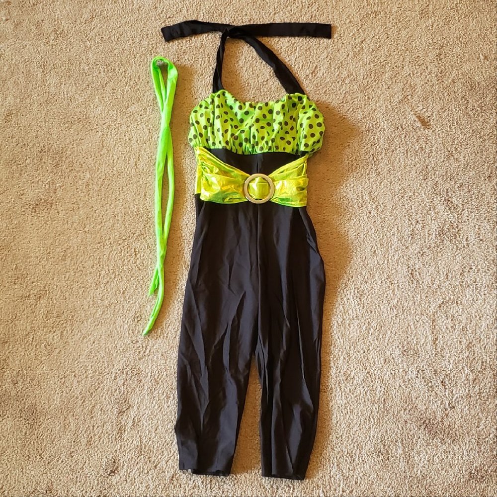 Junior's green & black jumpsuit Halloween Dance costume retro neon hair tie